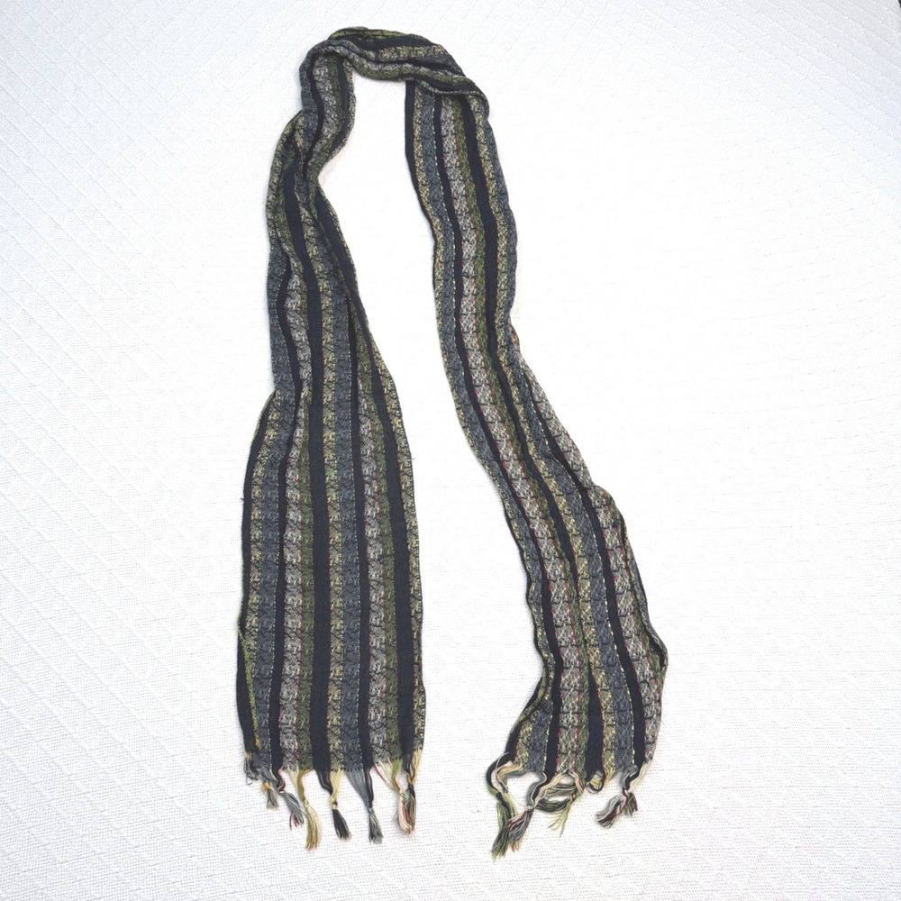 Women Striped Lightweight Scarf Metallic Gold Thread Fringe Tassels Boho Black